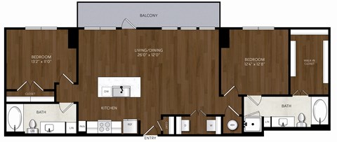 Floor plan for 2 beds, 2 baths, 1171 sqft